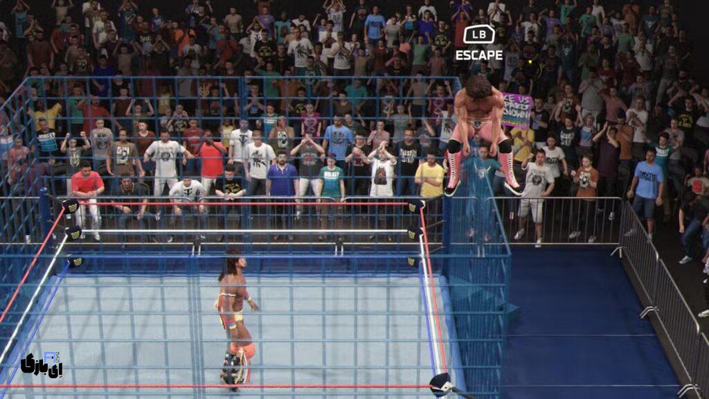 چگونه در مسابقه قفس در WWE 2K25 برنده شویم؟ 6 wwe 2k25 rick rude escaping the cage 11zon