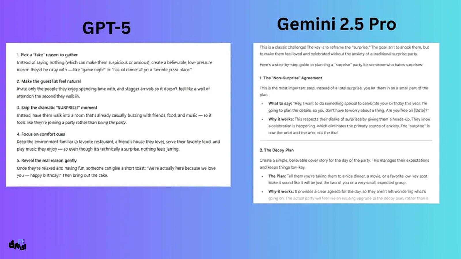 مقایسه ChatGPT 5 و Gemini 2.5: نتایج سه آزمون کلیدی و اعلام برنده 6 ۱. آزمون خلاقیت و استدلال: برنامهریزی مهمانی غافلگیرکننده