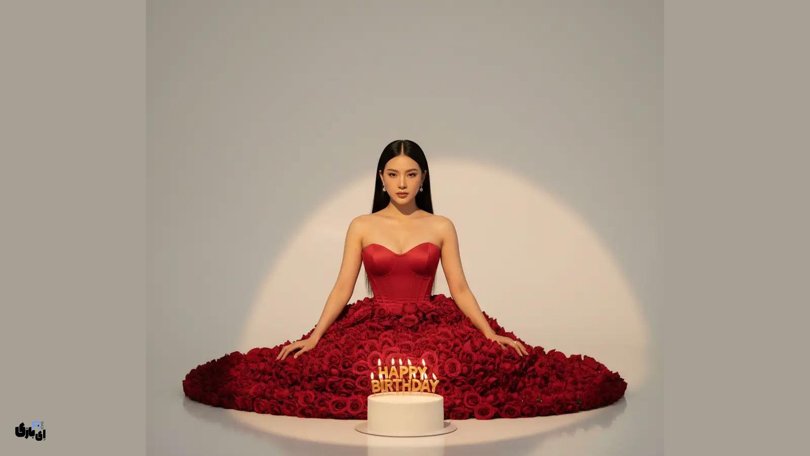 بهترین پرامپت های ادیت عکس تولد با هوش مصنوعی جمینای 14 لباس رز کوتور (Rose Couture Red Carpet)